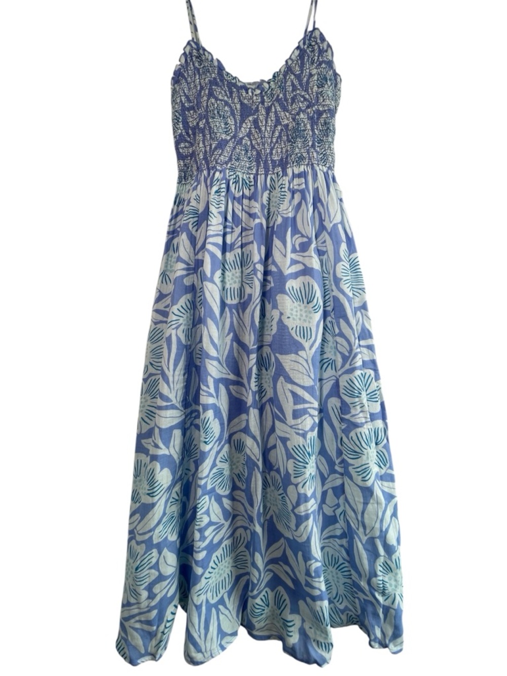 Free People Women’s Sweet Nothings Cotton Smocked Blue Floral Midi Dress NWT